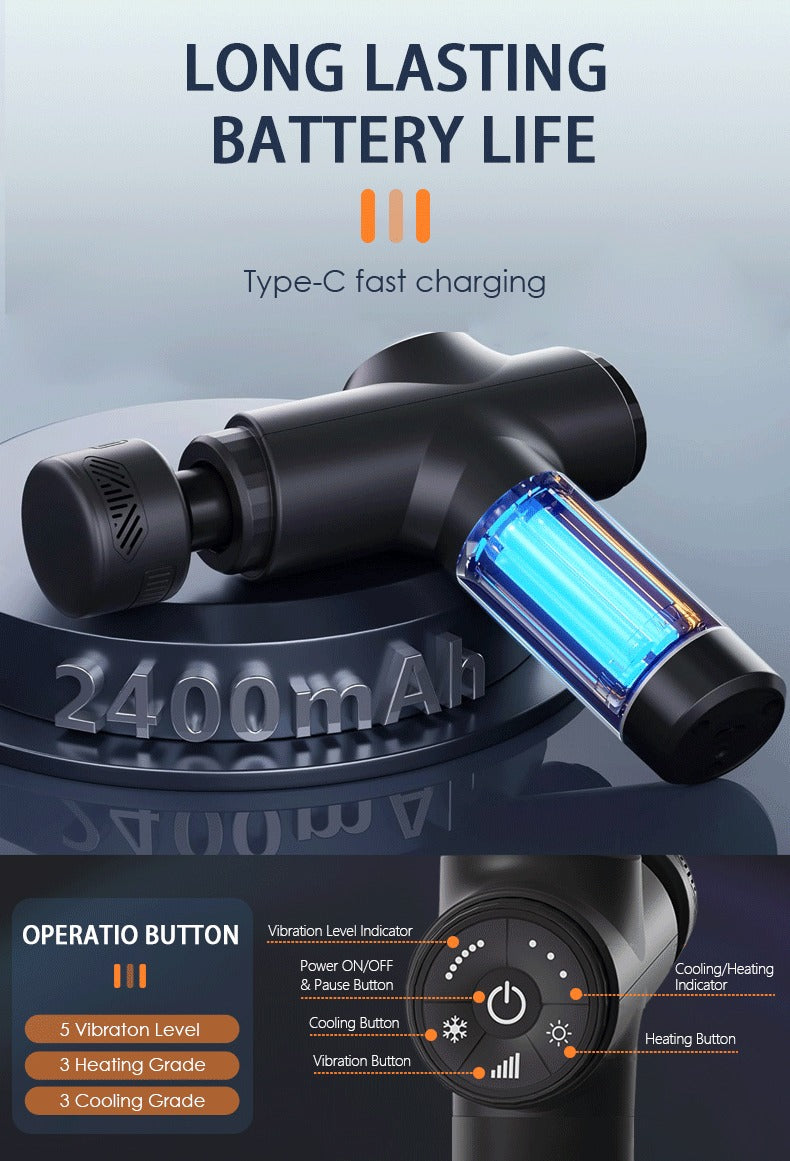 Black handheld device with blue light and charging indicators on a gray background