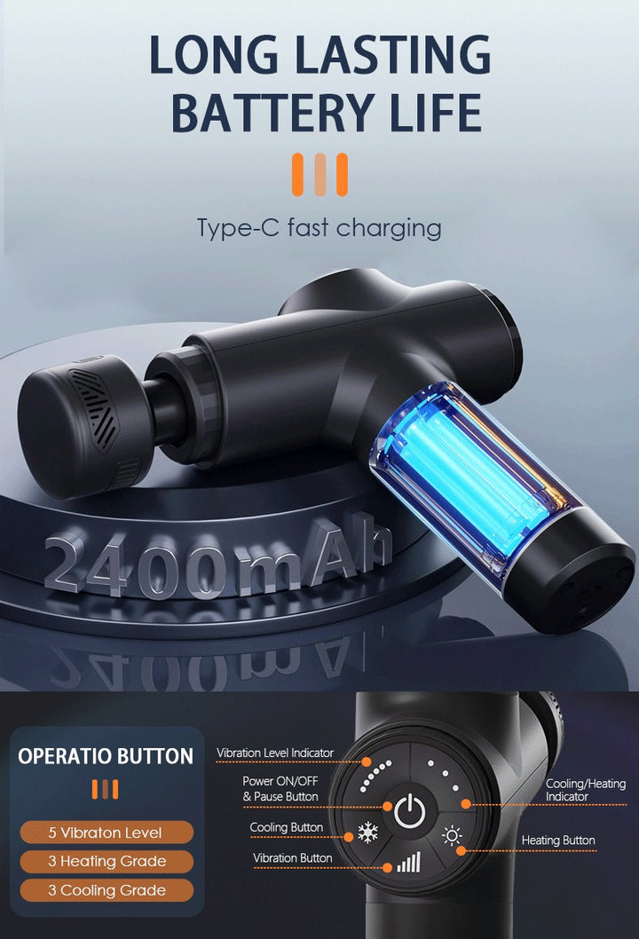 Black handheld device with blue light and charging indicators on a gray background