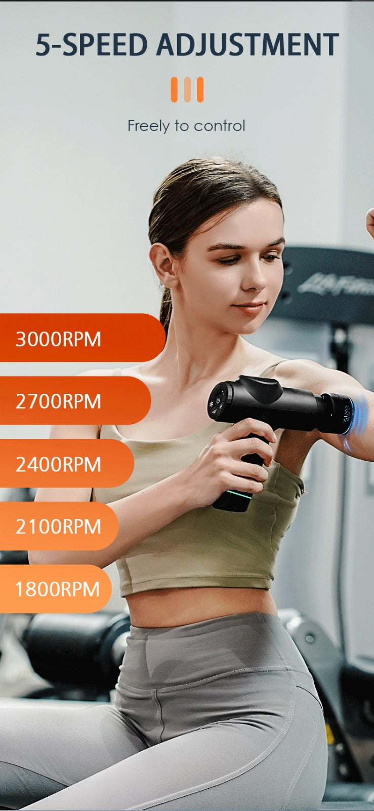 Woman using a handheld device with 5-speed adjustment options displayed.
