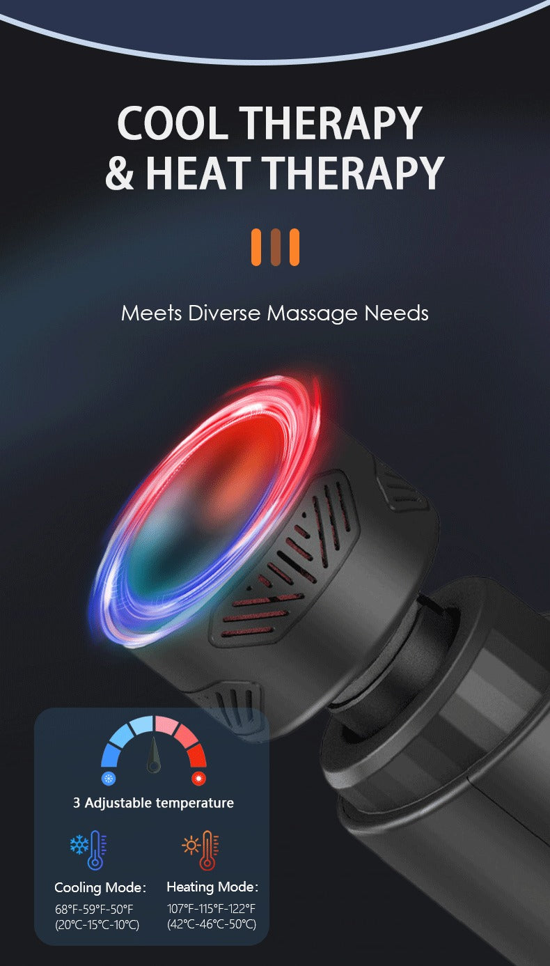 Massage device with cooling and heating functions on a dark background