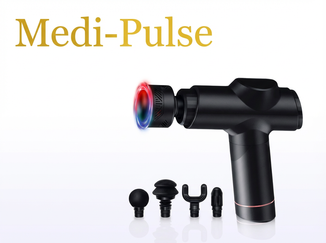 Black massage gun with attachments on a white background, branded 'Medi-Pulse'.