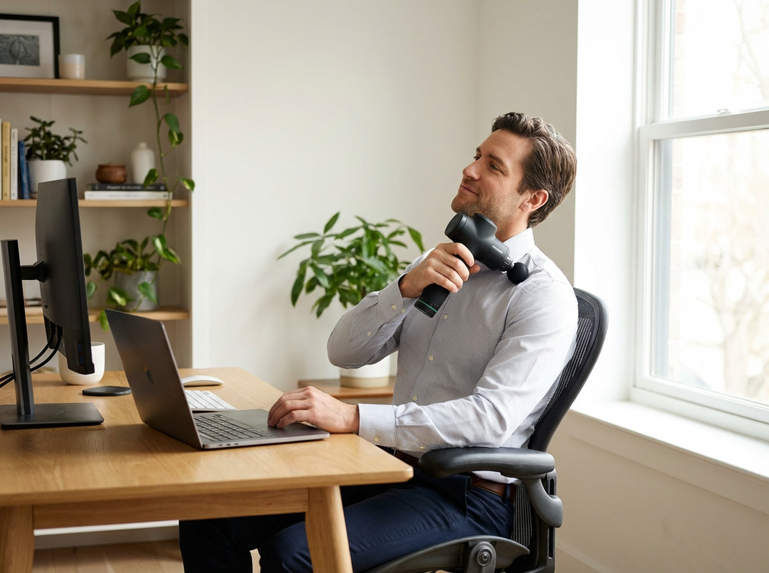 Man using a massage gun at his desk in a home office setting
