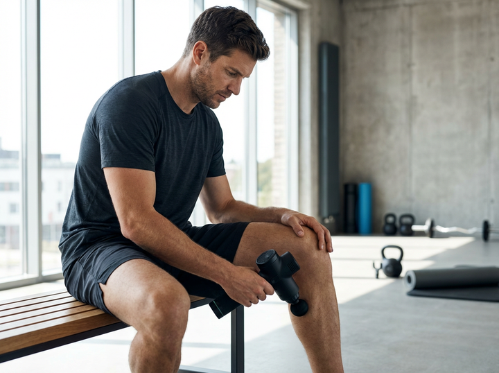 Man using a massage gun in a gym setting