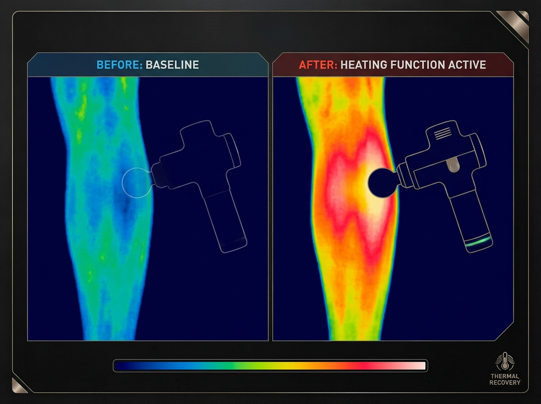 Thermal imaging before and after heating function activation on a leg.